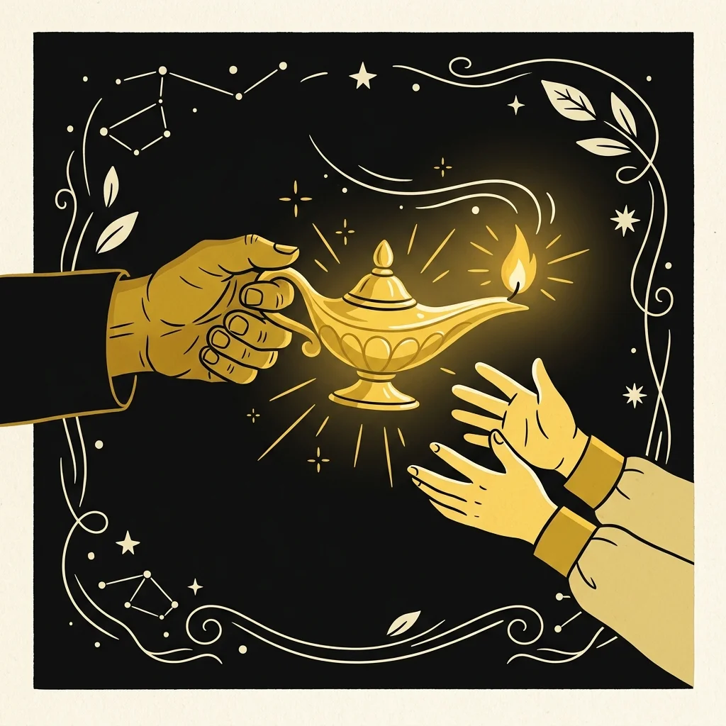Ilustração cartoon em preto e dourado: Uma lâmpada sendo passada de uma mão para outra, símbolo de mentoria em tons dourados