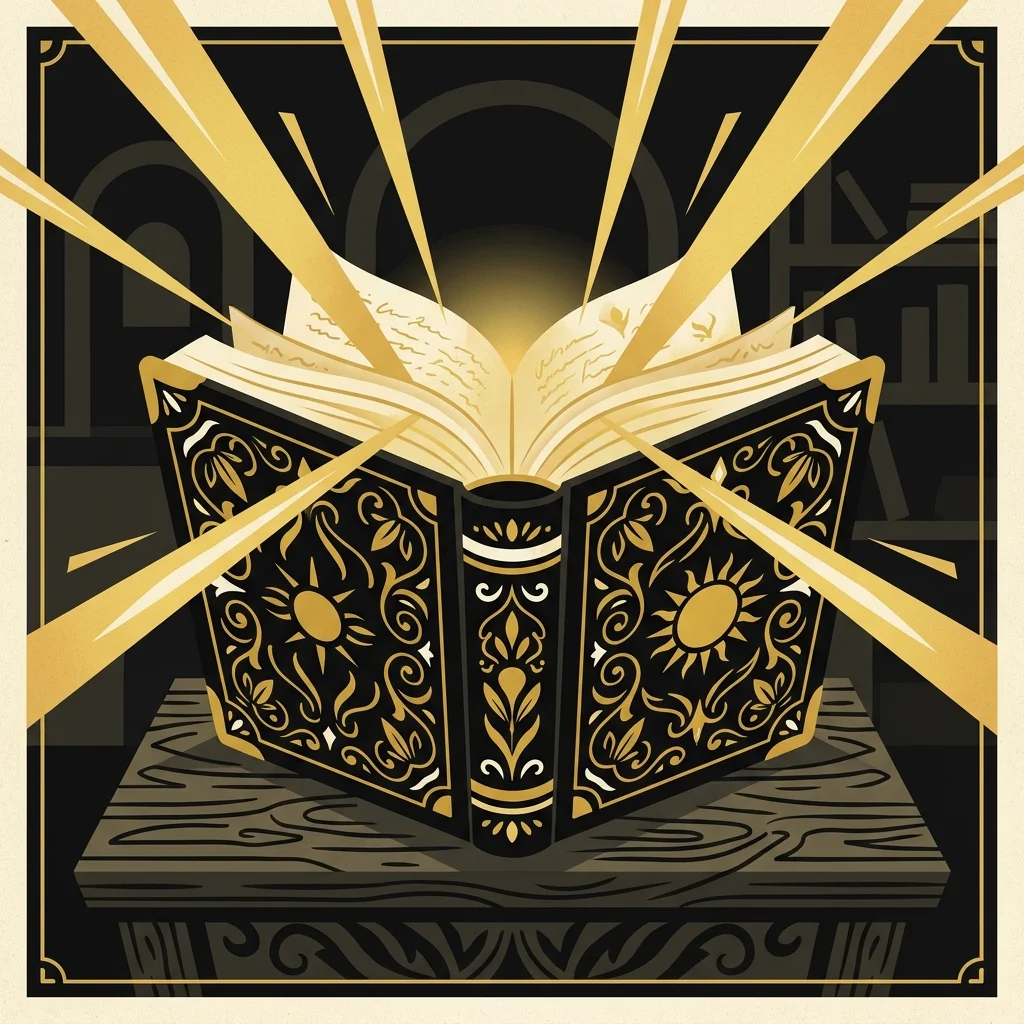 Ilustração cartoon em preto e dourado: Um livro ornamentado aberto com raios de luz dourada saindo das páginas