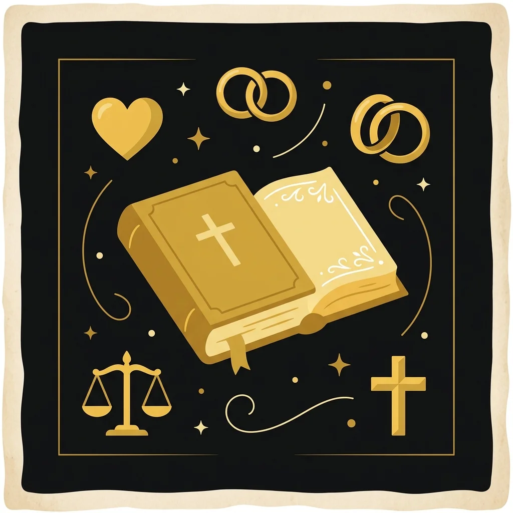 Ilustração cartoon em preto e dourado: Pequenos ícones dourados (coração, aliança, balança, cruz) organizados ao redor de uma Bíblia central