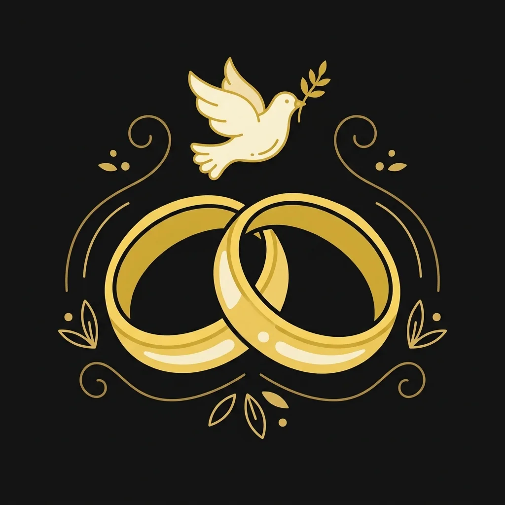 Ilustração cartoon em preto e dourado: Duas alianças de casamento douradas entrelaçadas com uma pequena pomba acima