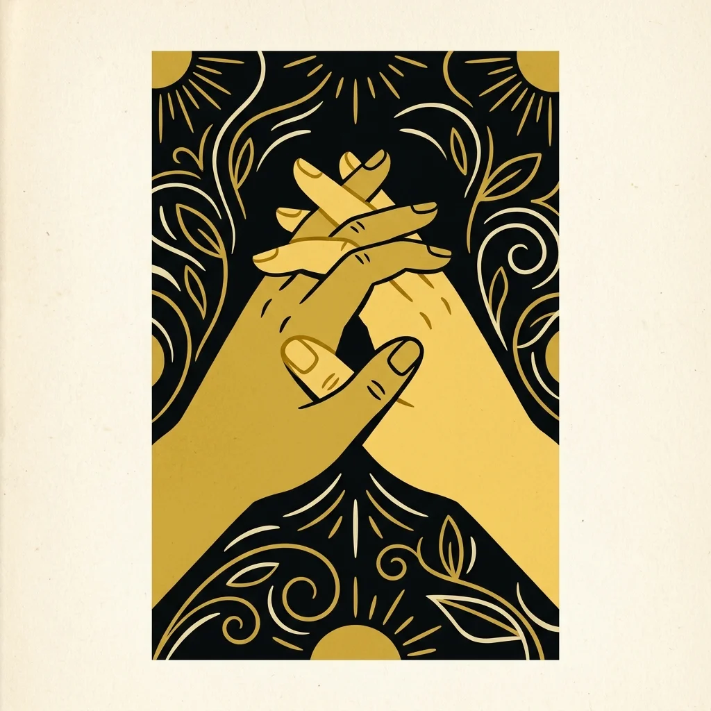 Ilustração cartoon em preto e dourado: Duas mãos douradas unidas em um nó, símbolo de união