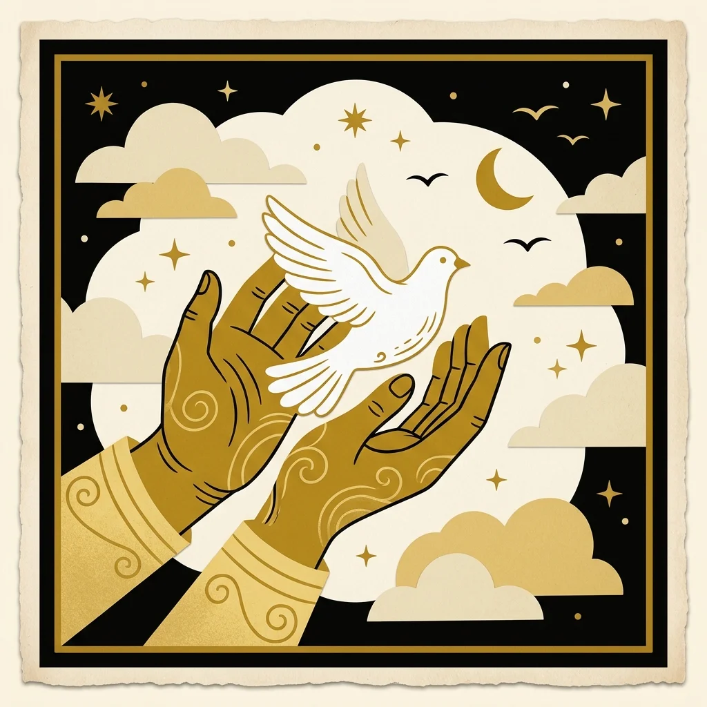 Ilustração cartoon em preto e dourado: Duas mãos douradas soltando uma pomba branca no céu