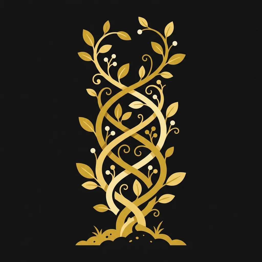 Ilustração cartoon em preto e dourado: Duas vinhas douradas entrelaçadas crescendo juntas