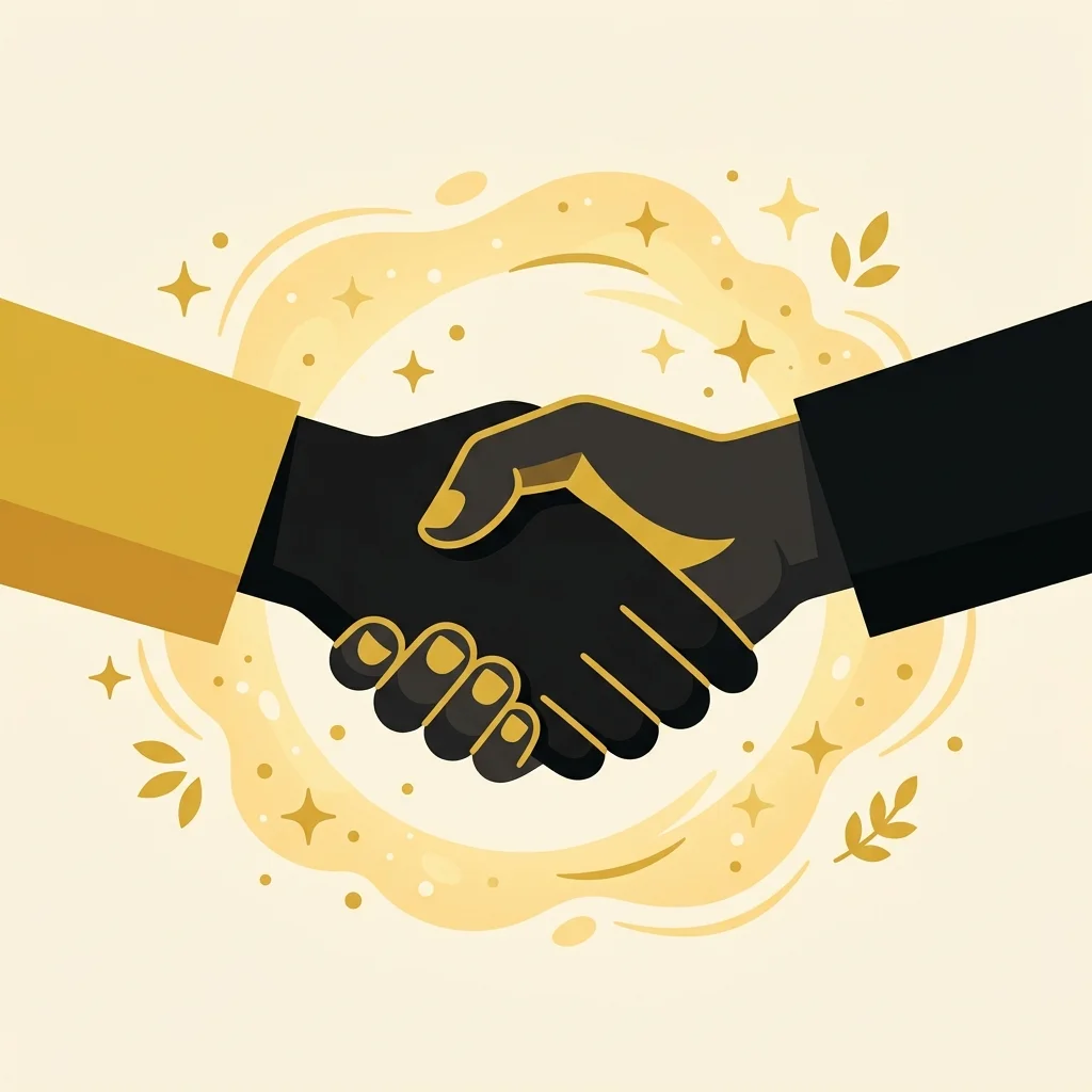 Ilustração cartoon em preto e dourado: Duas mãos em aperto caloroso, brilho dourado ao redor