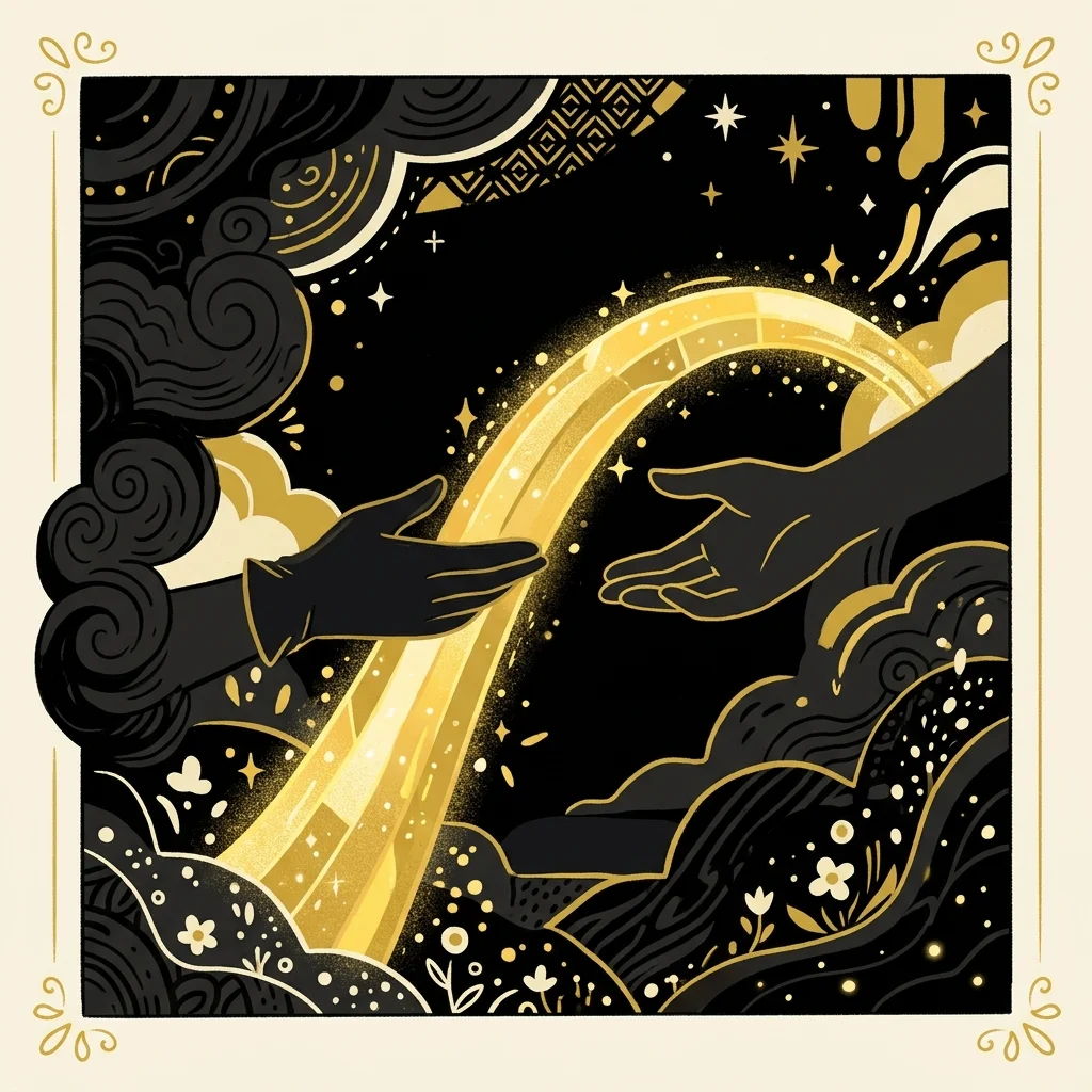 Ilustração cartoon em preto e dourado: Uma ponte de luz dourada conectando duas mãos em lados opostos