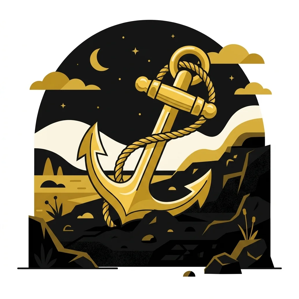 Ilustração cartoon em preto e dourado: Uma âncora dourada firmemente apoiada em terreno sólido