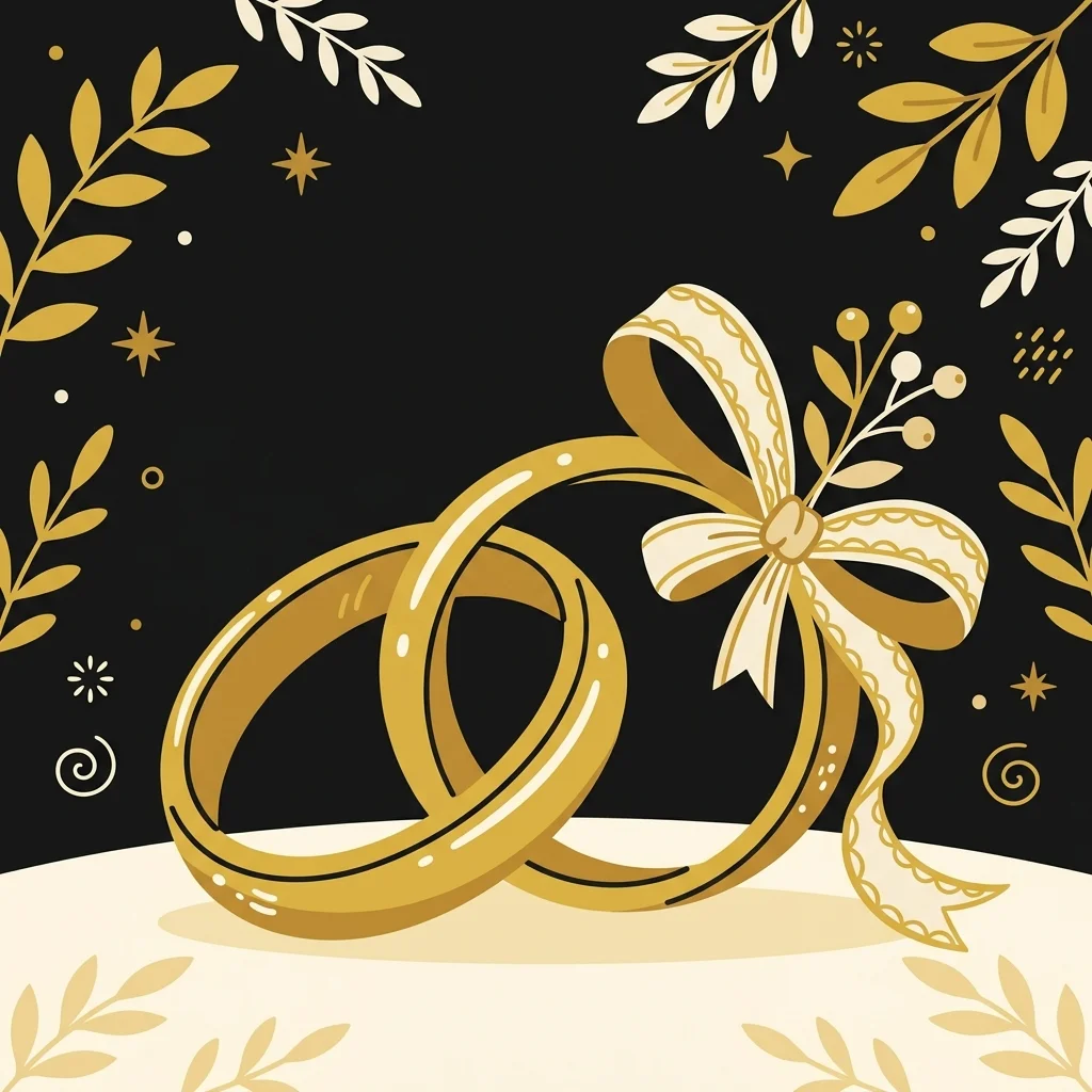 Ilustração cartoon em preto e dourado: Duas alianças douradas com pequenas fitas decorativas ao lado