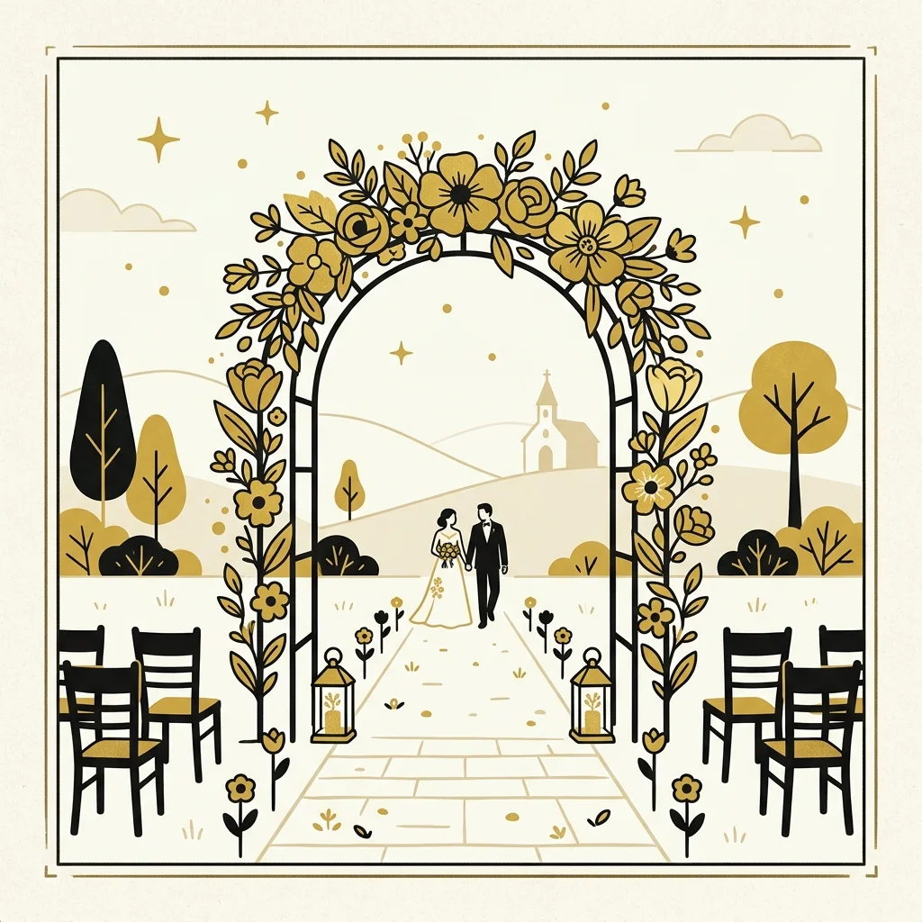 Ilustração cartoon em preto e dourado: Um arco de casamento simples decorado com flores douradas
