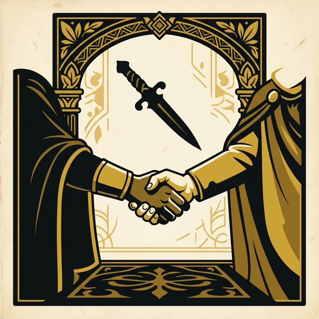 Ilustração cartoon em preto e dourado: A sombra de um punhal por trás de um aperto de mãos, tons dourados e pretos