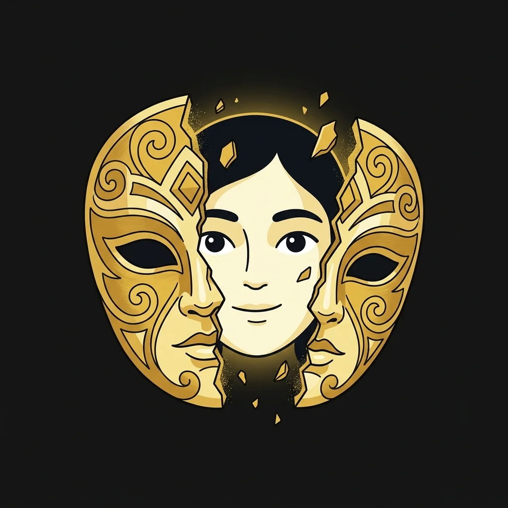 Ilustração cartoon em preto e dourado: Uma máscara dourada se partindo para revelar um rosto simples por trás