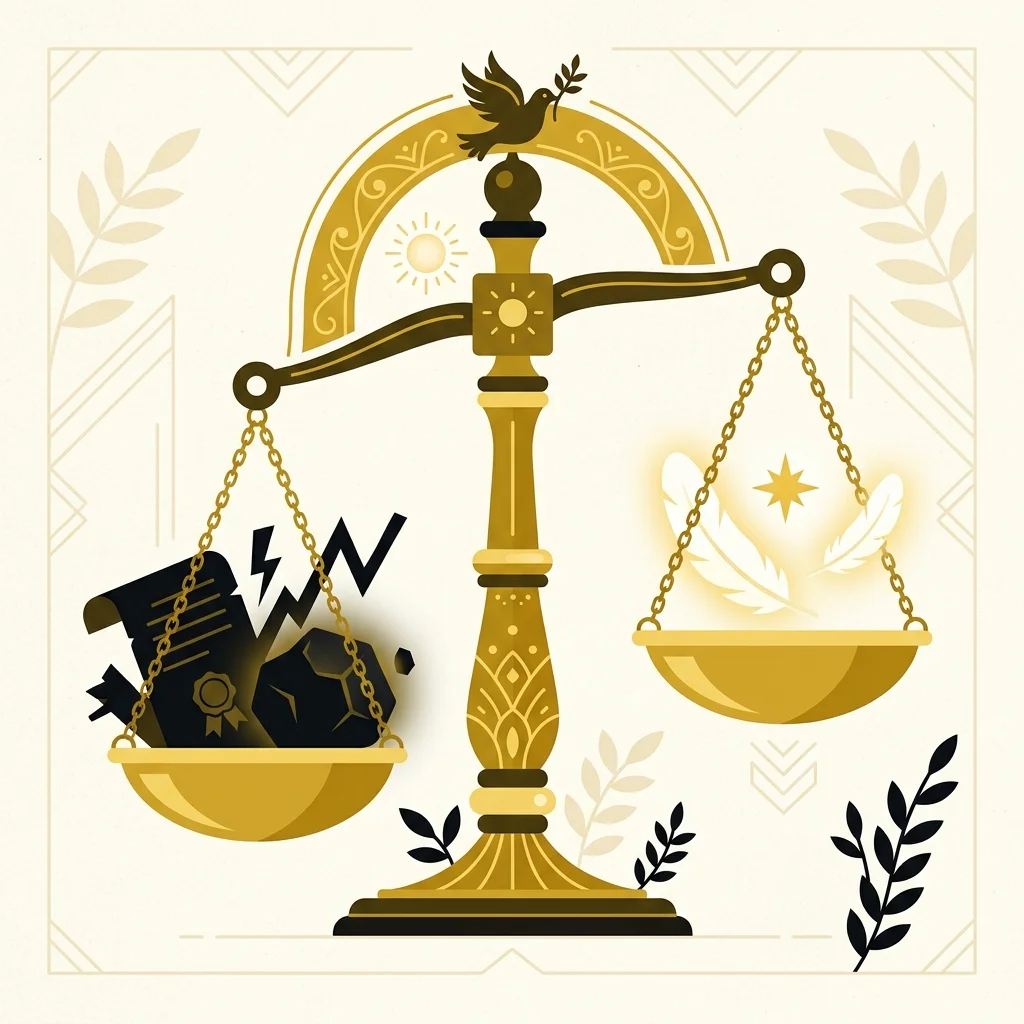 Ilustração cartoon em preto e dourado: Uma balança dourada da verdade pendendo para um lado