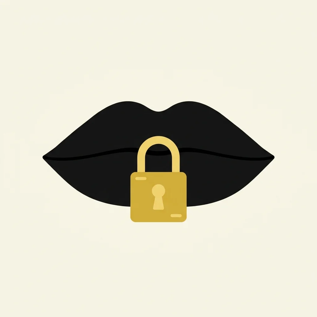Ilustração cartoon em preto e dourado: Uma boca fechada com um pequeno cadeado dourado simbólico