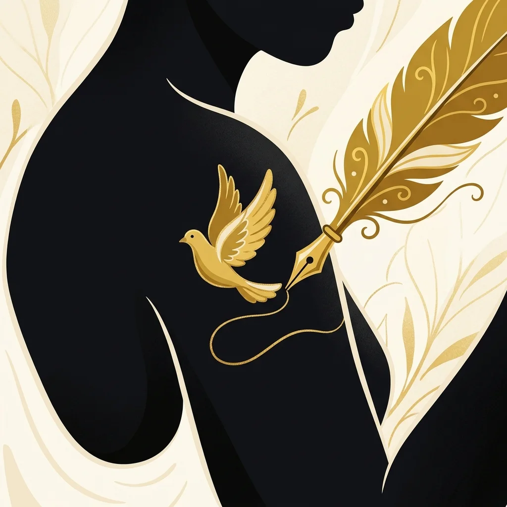 Ilustração cartoon em preto e dourado: Uma pena estilizada desenhando uma pequena pomba dourada sobre pele em silhueta