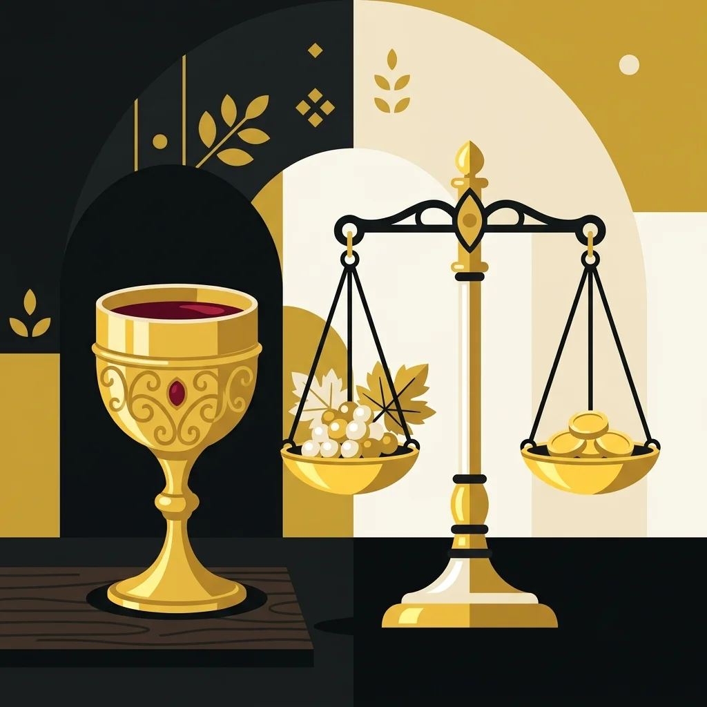 Ilustração cartoon em preto e dourado: Um cálice de vinho dourado ao lado de uma balança de equilíbrio