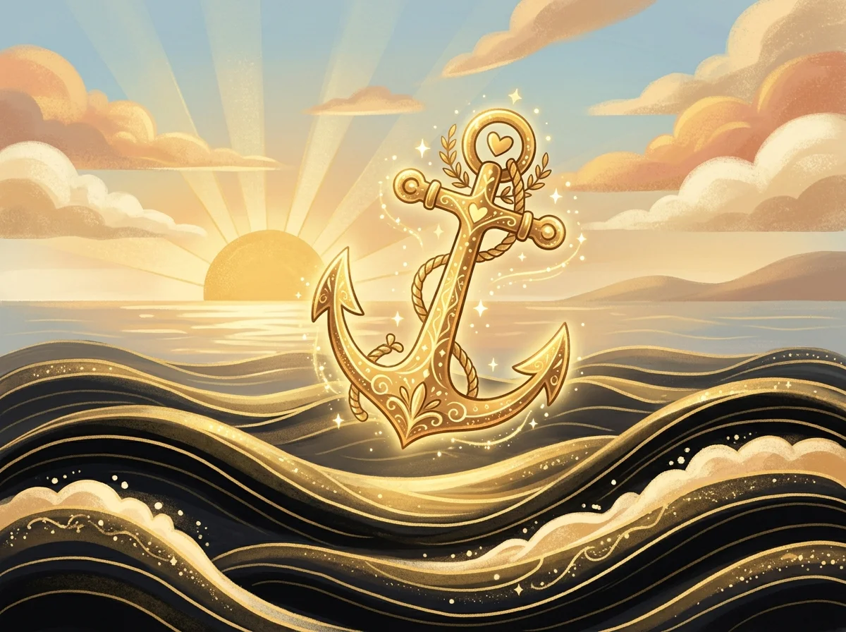 Ilustração cartoon em preto e dourado de uma âncora e uma Bíblia representando versículos sobre esperança