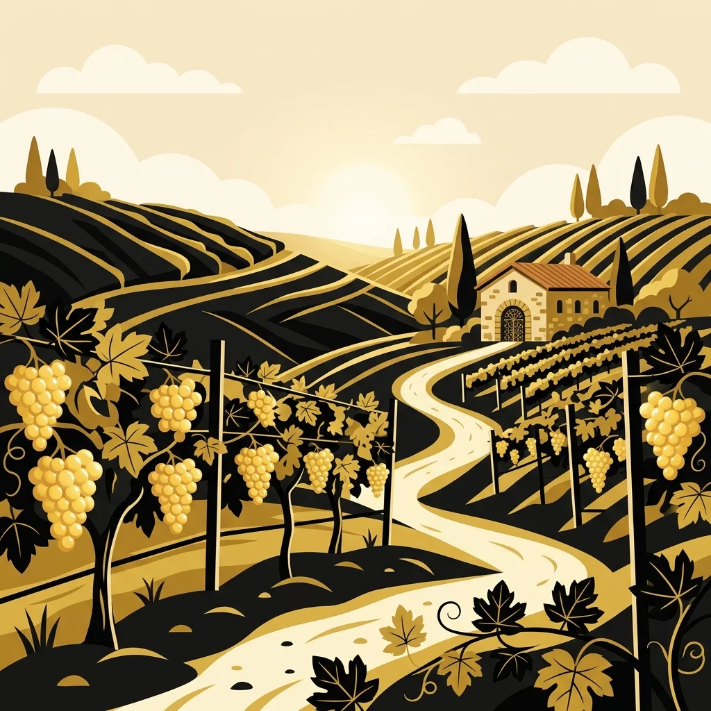 Ilustração cartoon em preto e dourado: Um vinhedo estilizado com uvas douradas sob luz suave