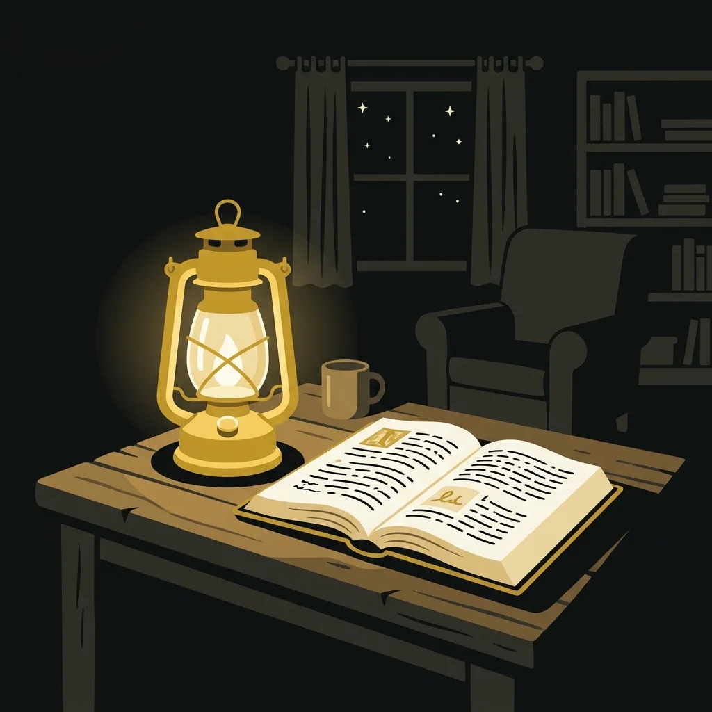 Ilustração cartoon em preto e dourado: Uma lamparina dourada iluminando as páginas de uma Bíblia aberta em um quarto silencioso