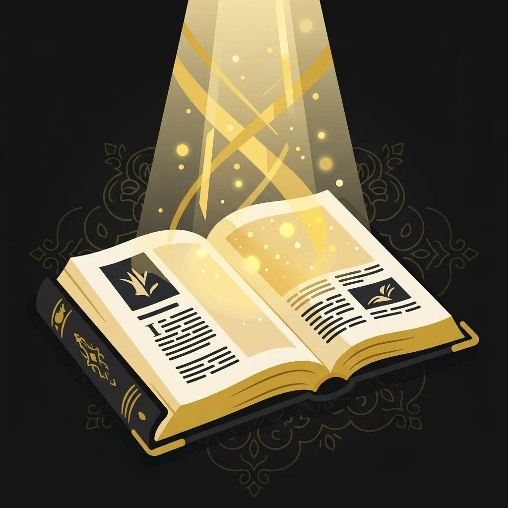Ilustração cartoon em preto e dourado: Uma Bíblia aberta com um suave feixe de luz dourada incidindo sobre as páginas