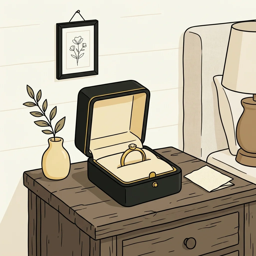 Ilustração cartoon em preto e dourado: Uma caixinha de joias modesta com um único anel dourado dentro