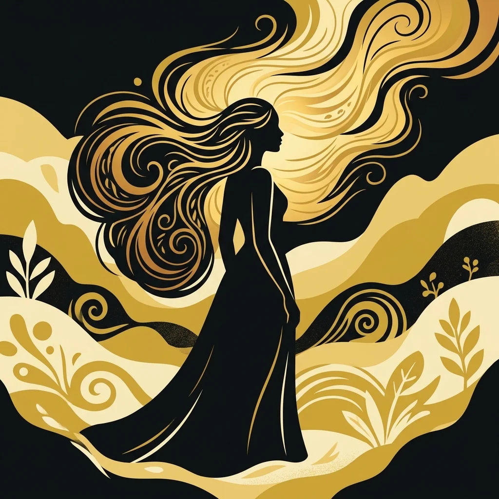 Ilustração cartoon em preto e dourado: A silhueta de uma mulher com cabelos longos fluindo, capturando luz dourada