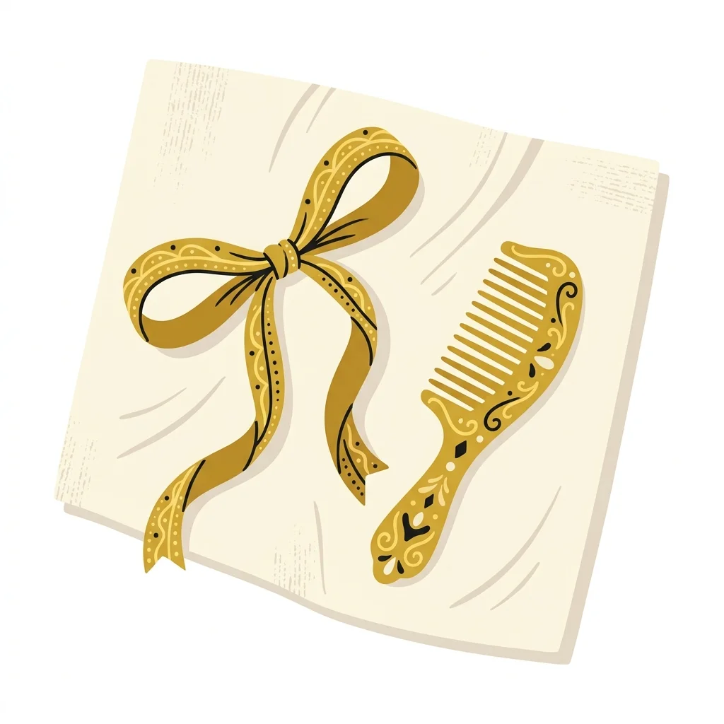 Ilustração cartoon em preto e dourado: Uma fita de cabelo delicada e um pente dourado sobre um tecido claro