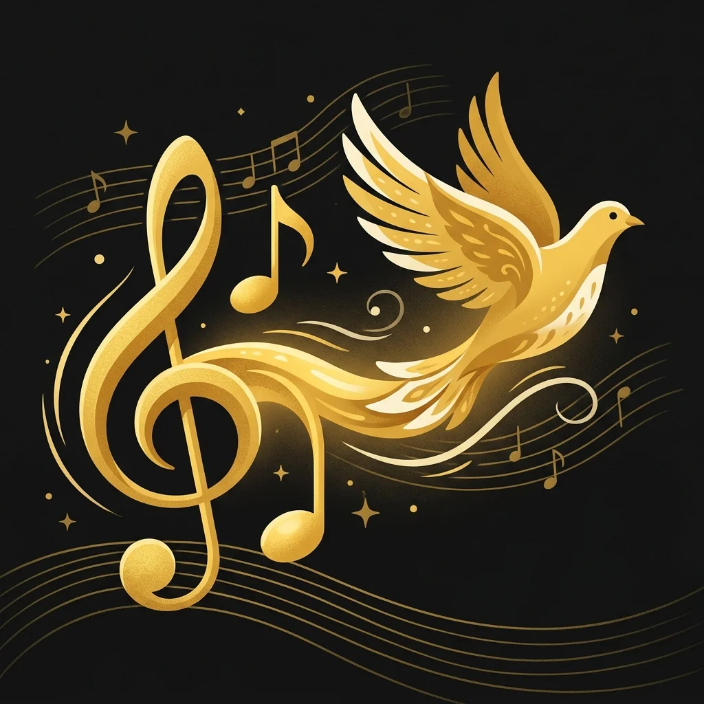 Ilustração cartoon em preto e dourado: Uma nota musical dourada se transformando suavemente em uma pomba