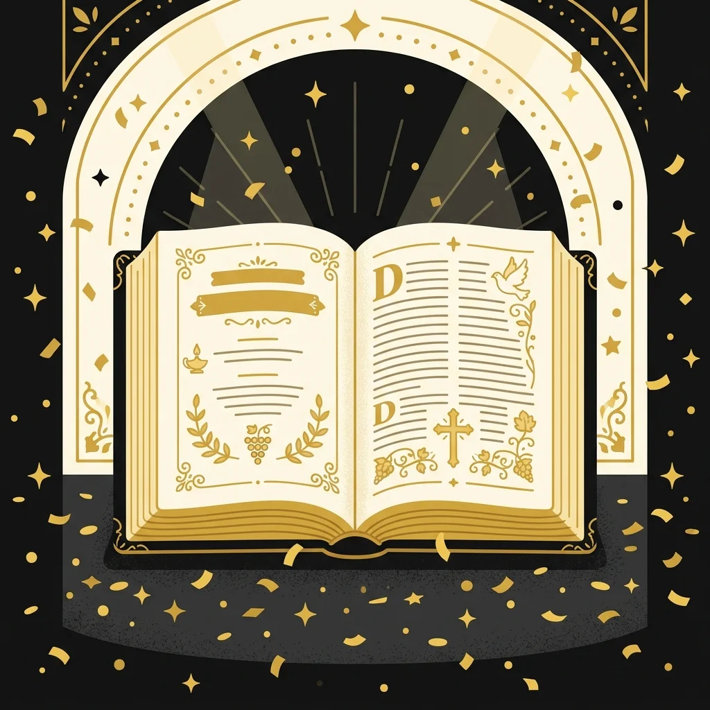 Ilustração cartoon em preto e dourado: Confetins dourados se assentando ao redor de uma Bíblia aberta