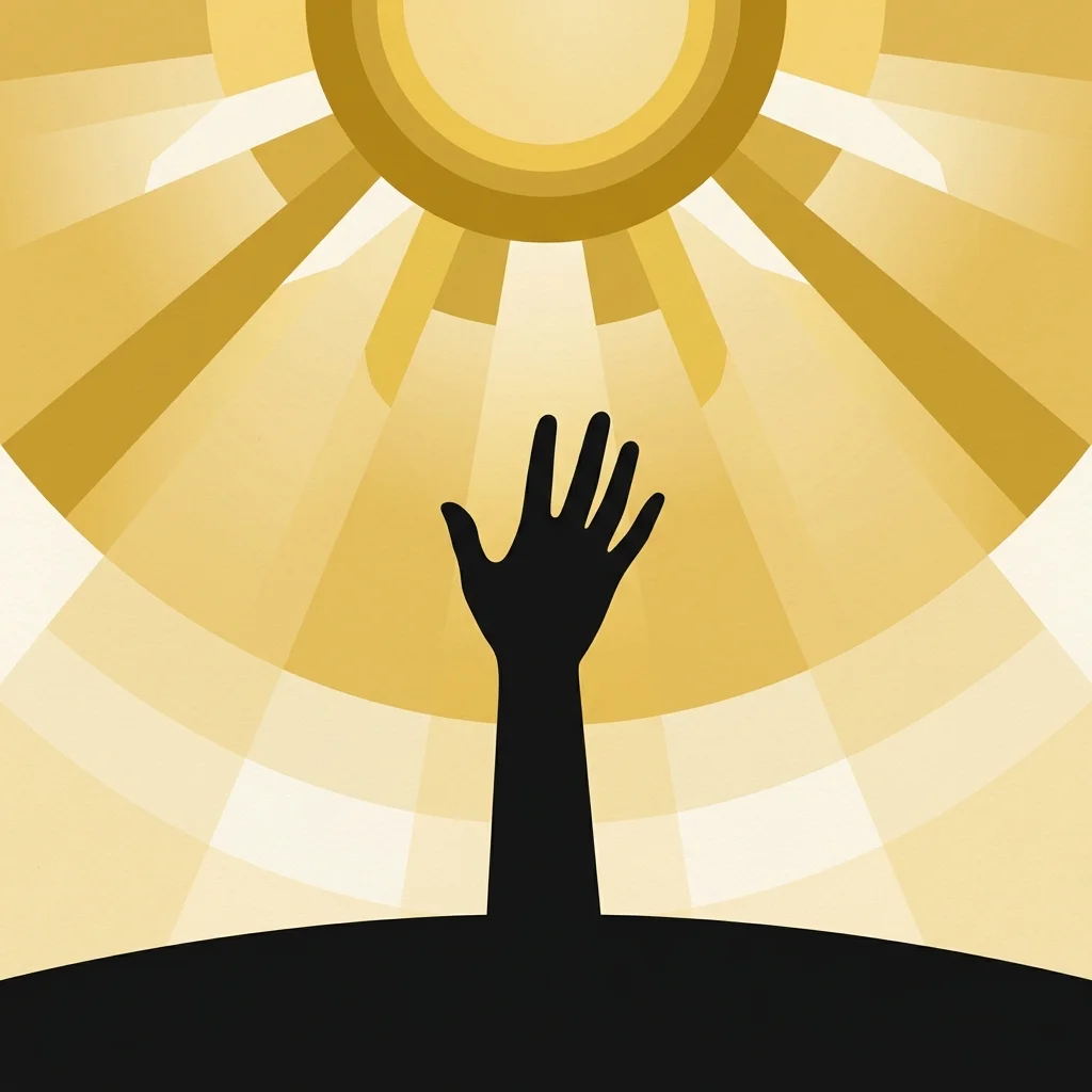 Ilustração cartoon em preto e dourado: Uma mão em silhueta se erguendo em direção a um céu dourado radiante