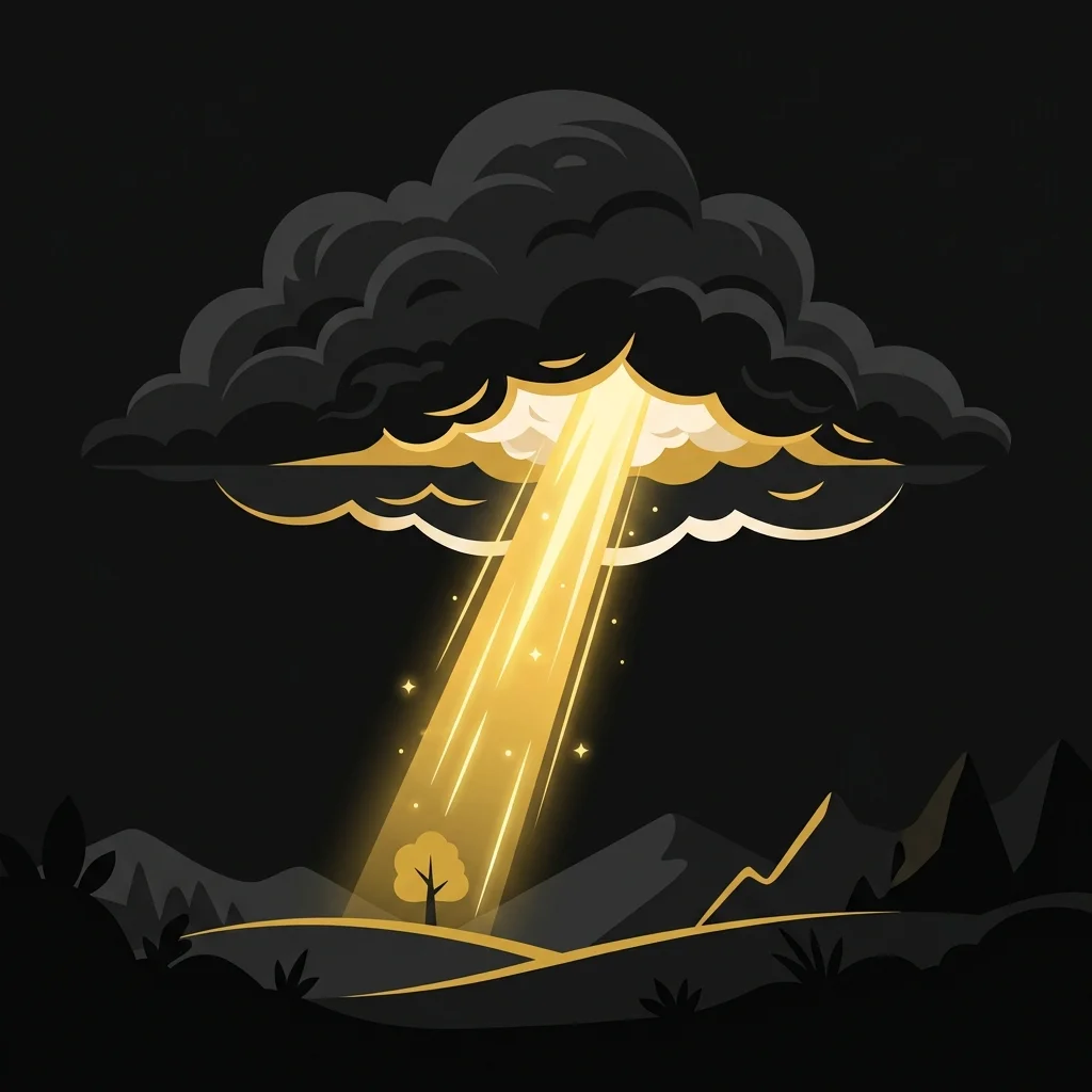 Ilustração cartoon em preto e dourado: Uma nuvem de tempestade escura com um único raio de luz dourada rompendo