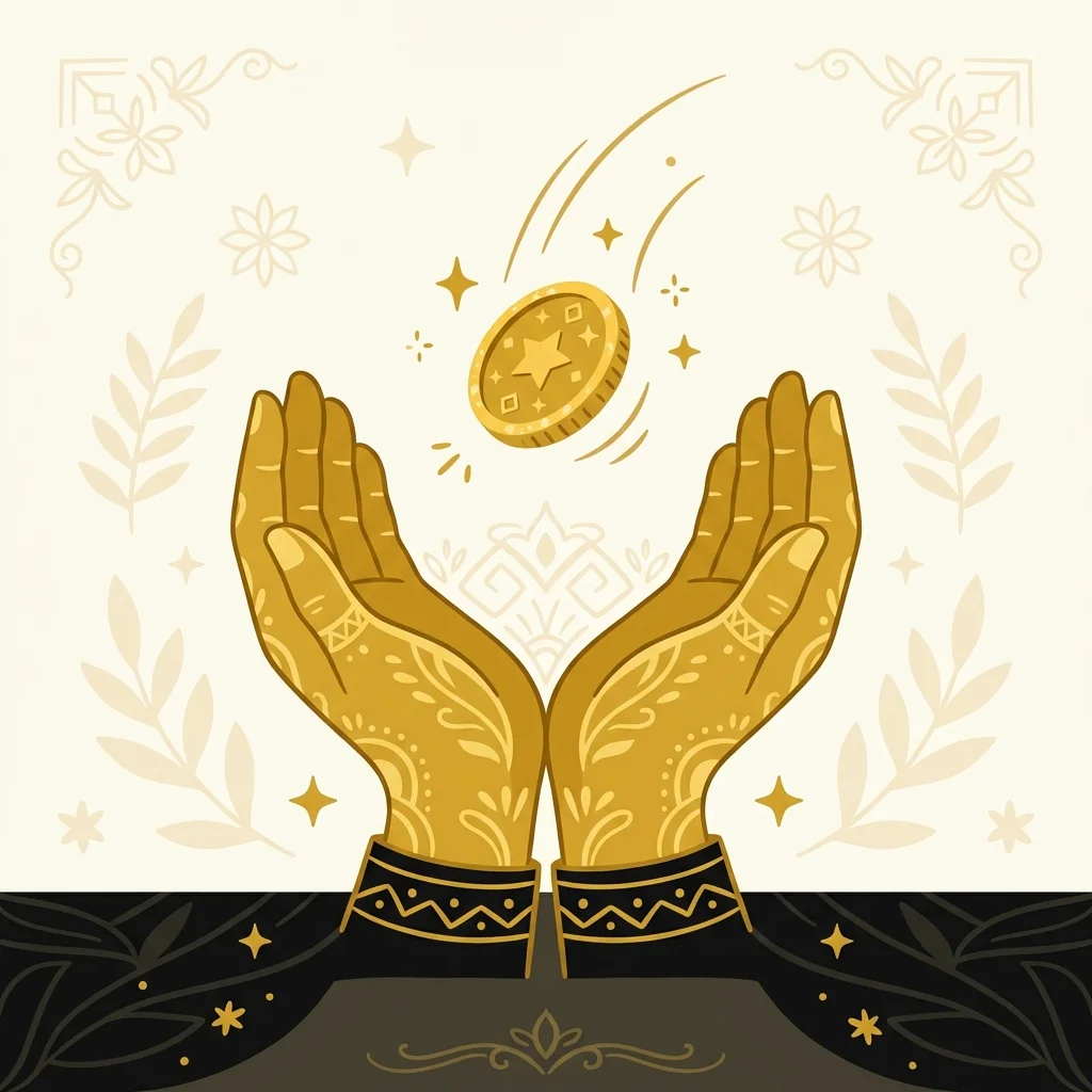 Ilustração cartoon em preto e dourado: Uma moeda dourada caindo em uma cesta em forma de mãos unidas