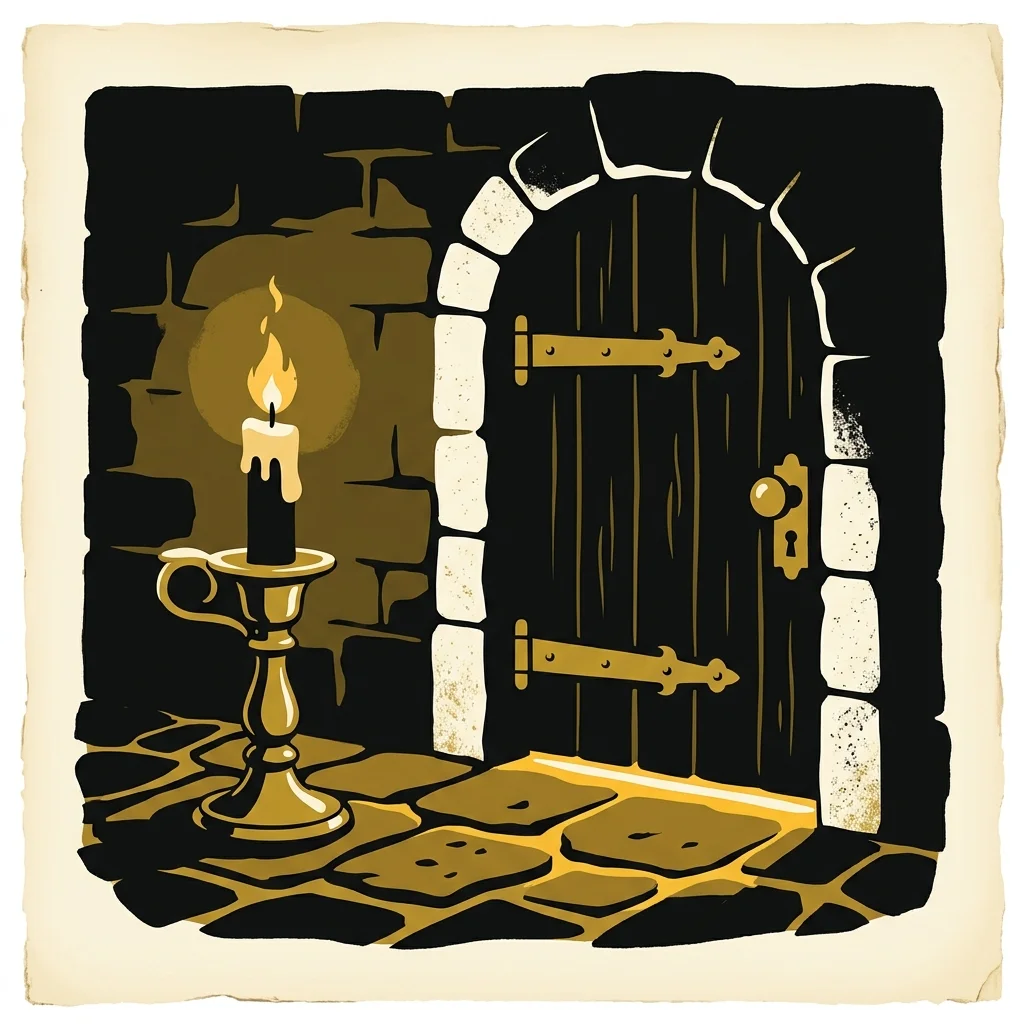 Ilustração cartoon em preto e dourado: Uma vela tremulando ao lado de uma porta fechada com luz dourada por baixo