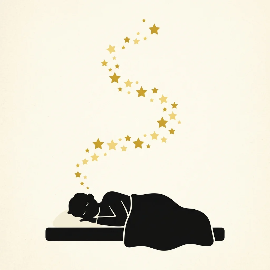 Ilustração cartoon em preto e dourado: Uma figura adormecida em silhueta com um rastro dourado de estrelas subindo acima dela