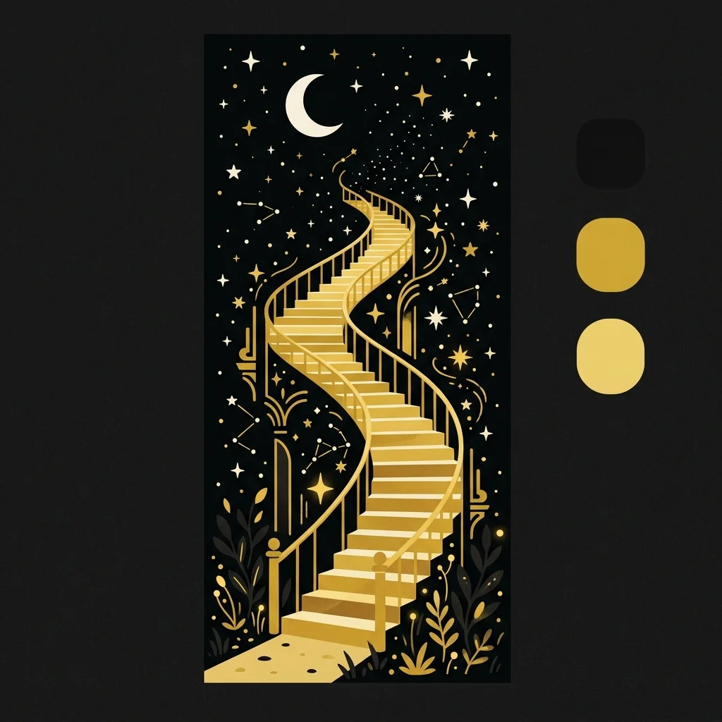 Ilustração cartoon em preto e dourado: Uma escada dourada se estendendo em direção a um céu estrelado