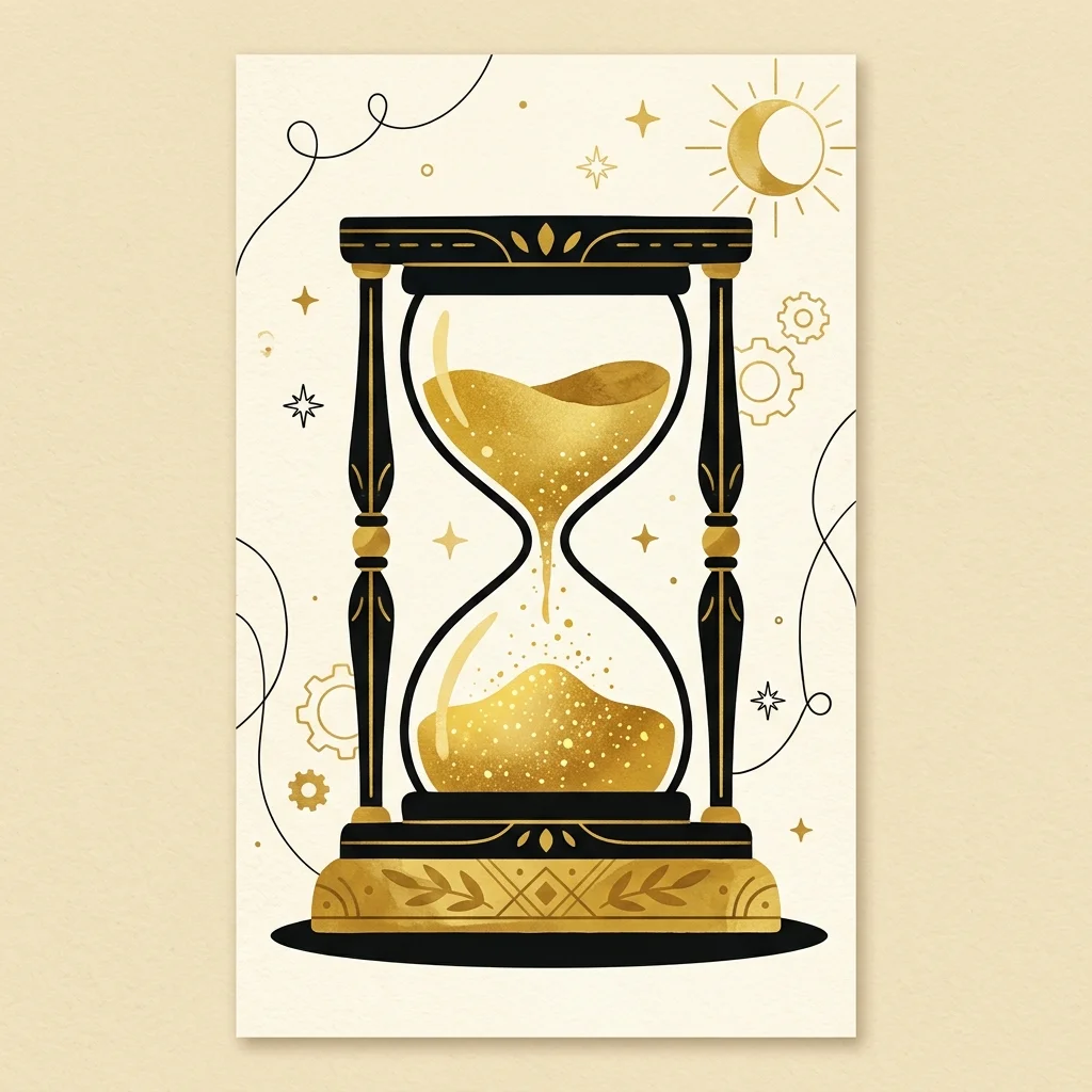 Ilustração cartoon em preto e dourado: Uma ampulheta com areia dourada, símbolo do tempo linear