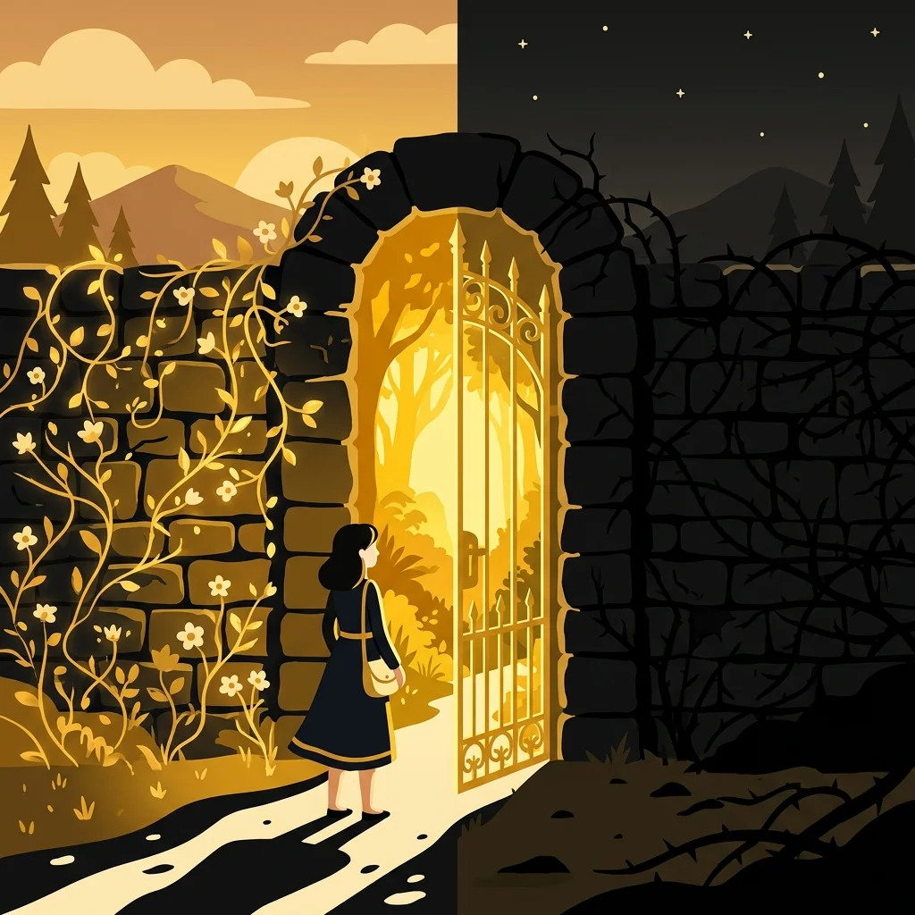 Ilustração cartoon em preto e dourado: Um portão estreito com luz dourada de um lado e sombra do outro