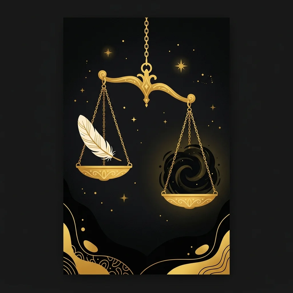 Ilustração cartoon em preto e dourado: Uma balança dourada pesando uma pena contra a escuridão