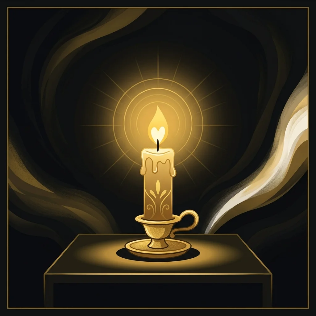 Ilustração cartoon em preto e dourado: Uma única vela acesa brilhando estável na escuridão, símbolo de esperança