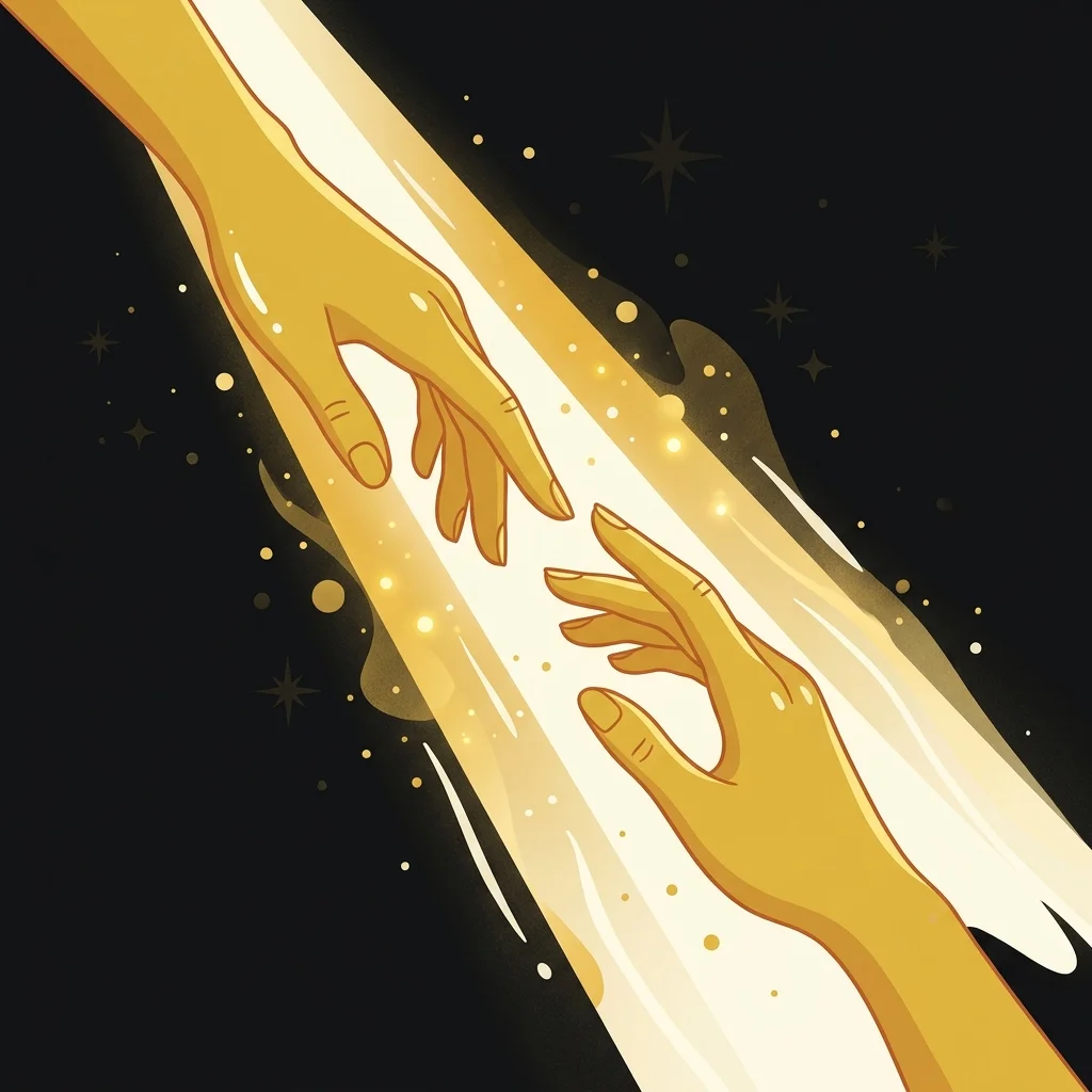 Ilustração cartoon em preto e dourado: Duas mãos douradas se aproximando uma da outra através de um feixe de luz