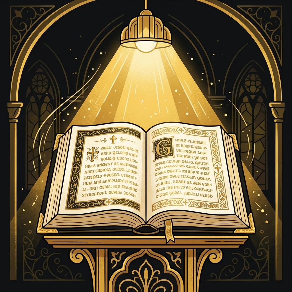 Ilustração cartoon em preto e dourado: Um holofote dourado incidindo sobre uma única página aberta de uma Bíblia