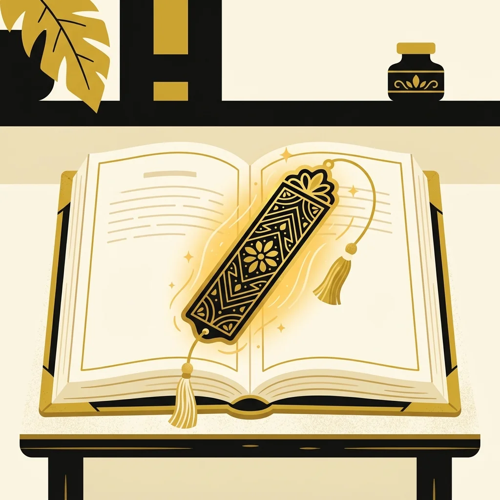 Ilustração cartoon em preto e dourado: Um marcador de página dourado brilhando sobre um livro aberto, sem texto legível