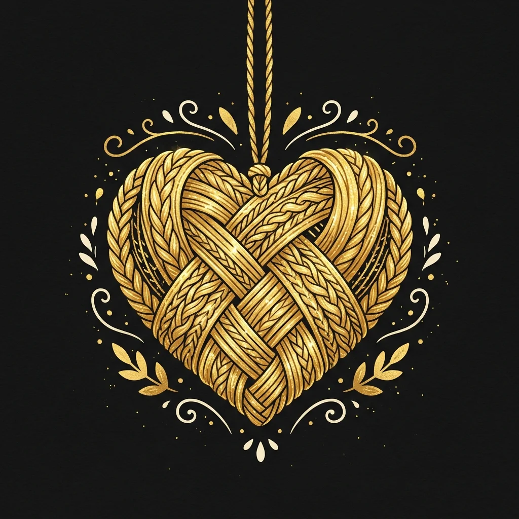Ilustração cartoon em preto e dourado: Um coração tecido com fio dourado brilhante