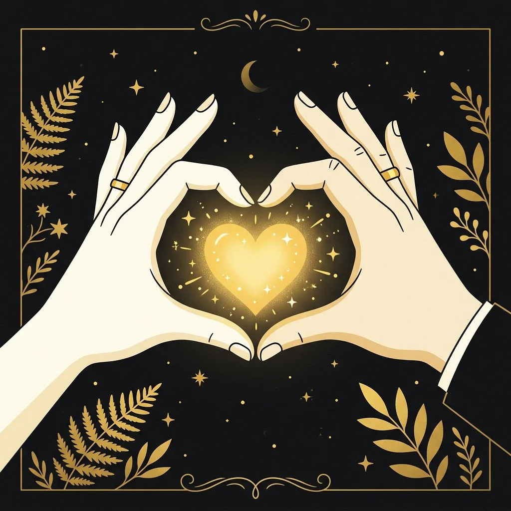 Ilustração cartoon em preto e dourado: Duas mãos formando um coração com luz dourada entre elas