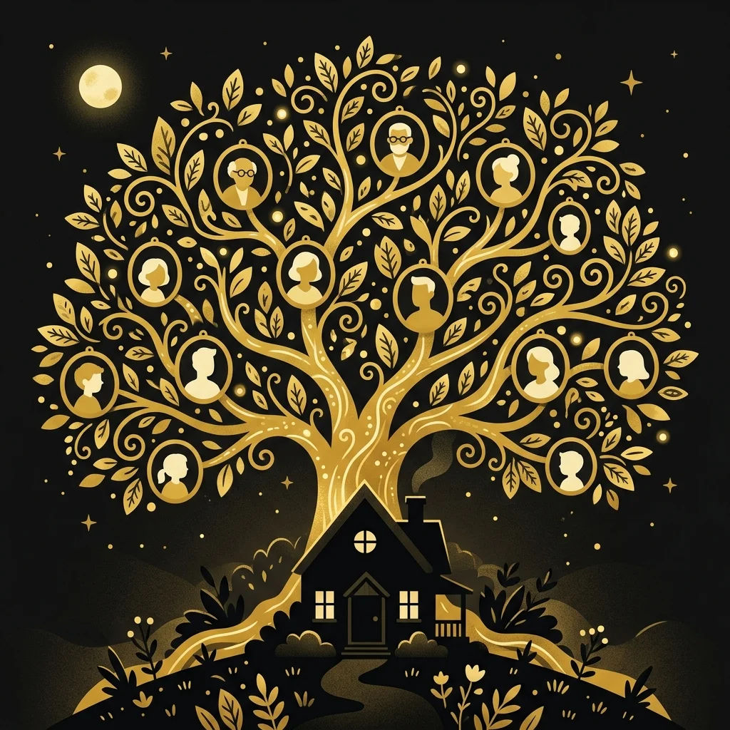 Ilustração cartoon em preto e dourado: Uma árvore genealógica dourada com uma casa em silhueta na base