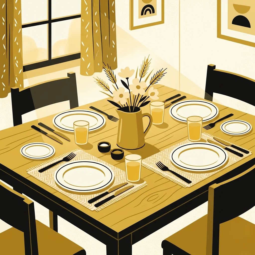 Ilustração cartoon em preto e dourado: Uma mesa posta com pratos simples, luz quente e dourada