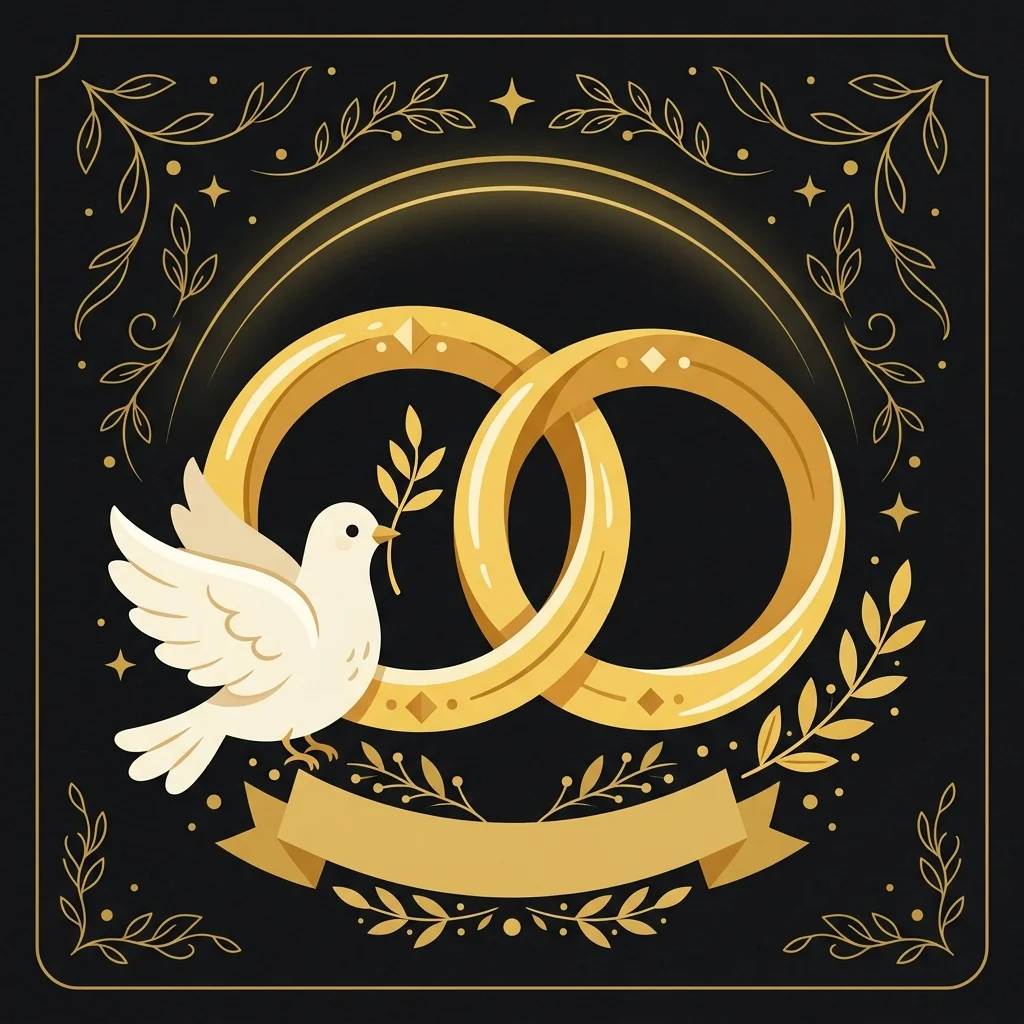 Ilustração cartoon em preto e dourado: Duas alianças douradas entrelaçadas com uma pequena pomba ao lado