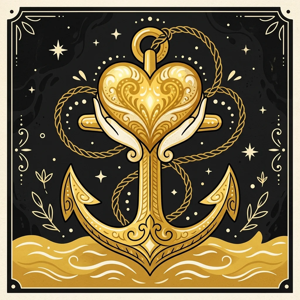 Ilustração cartoon em preto e dourado: Um coração repousando sobre uma âncora dourada estilizada