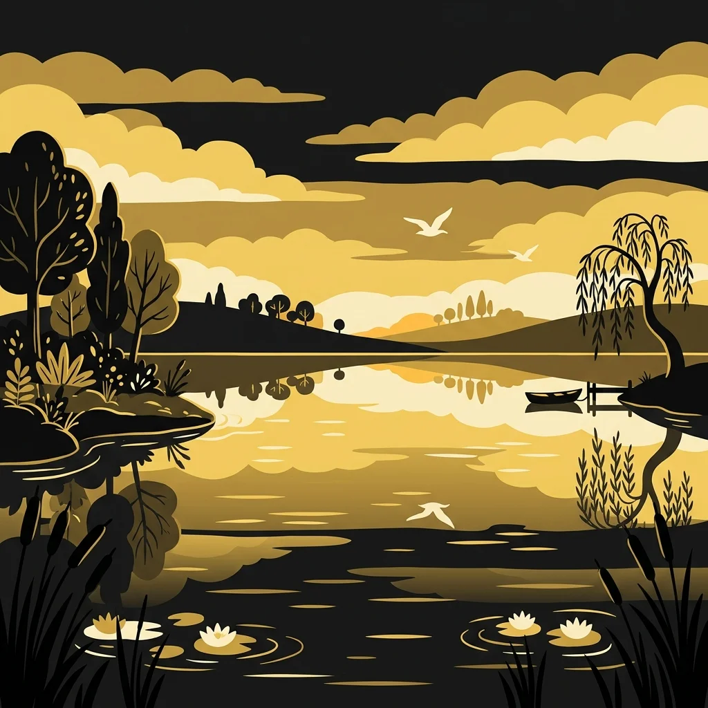 Ilustração cartoon em preto e dourado: Uma água calma refletindo um céu dourado ao entardecer