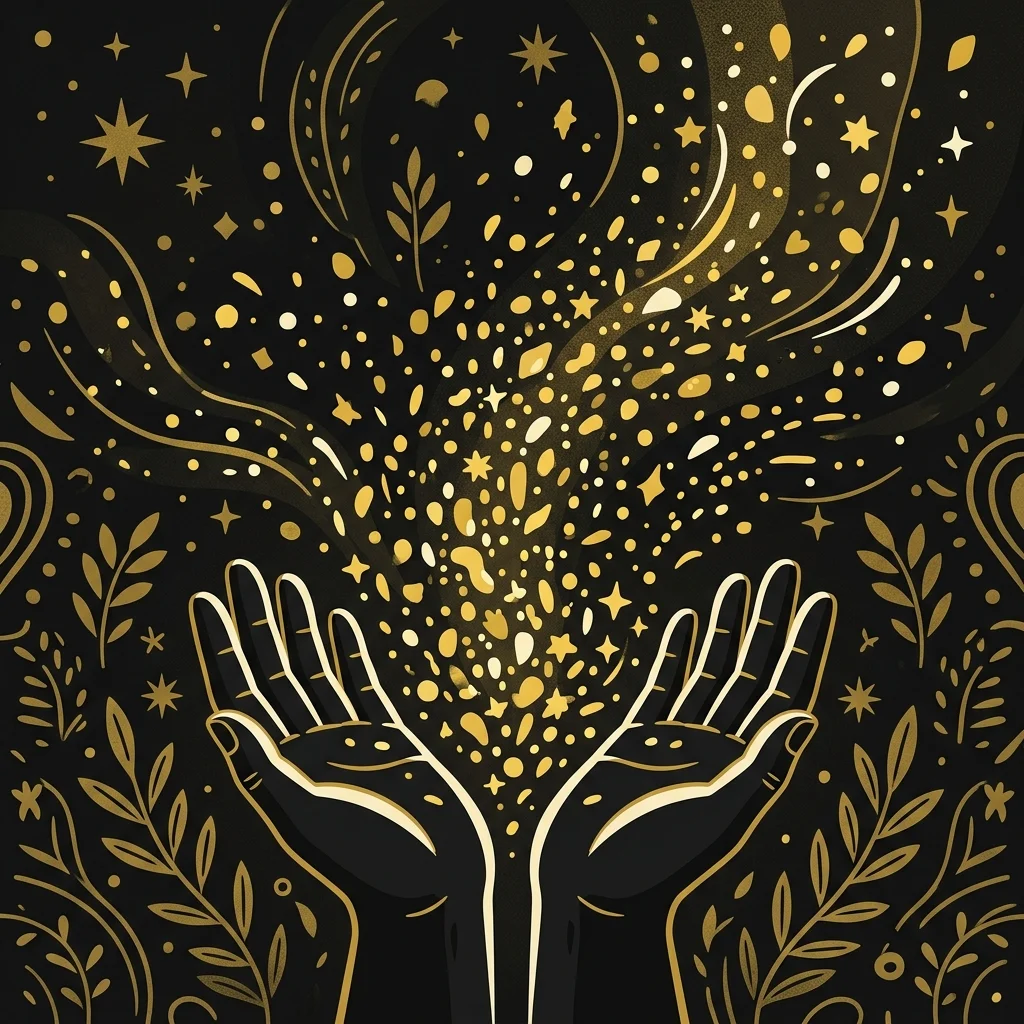 Ilustração cartoon em preto e dourado: Mãos abertas liberando partículas de luz dourada para cima