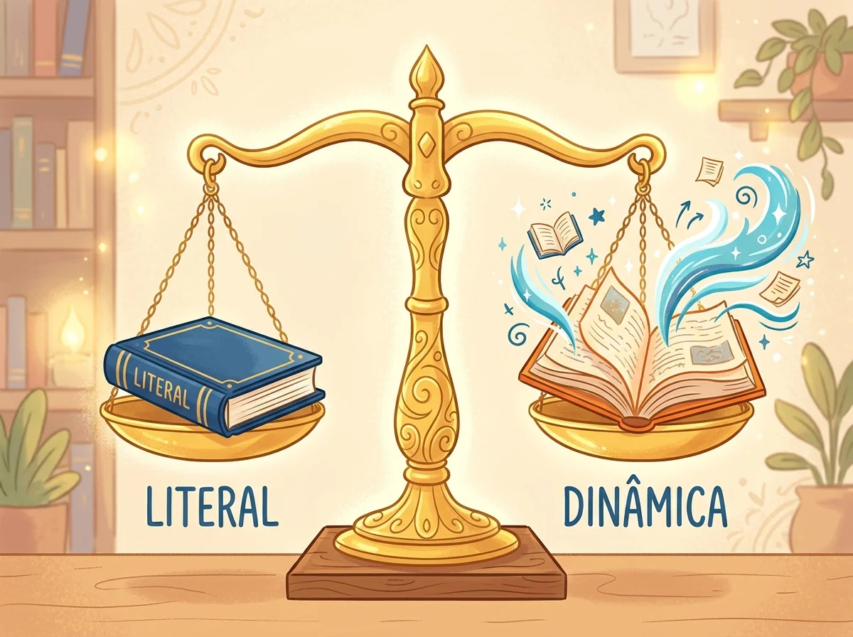 Ilustração cartoon comparando as traduções ACF, ARA, NVI e NTLH da Bíblia