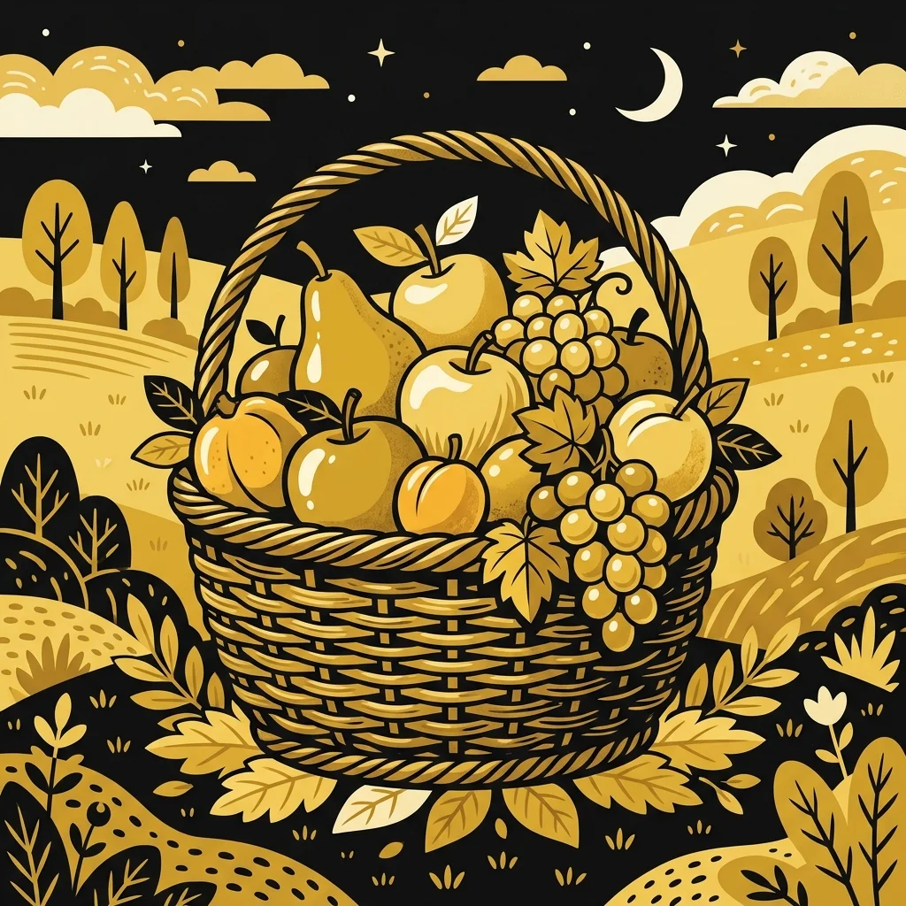 Ilustração cartoon em preto e dourado: Uma cesta de colheita transbordando de frutas douradas